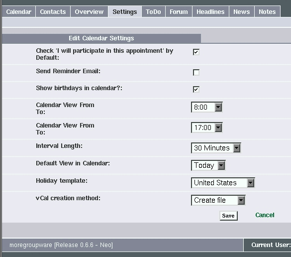 Calendar configuration settings