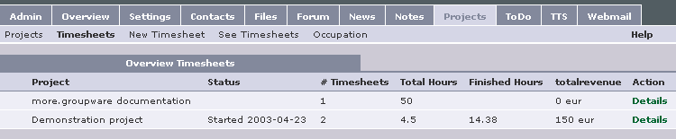 Listing projects and timesheets